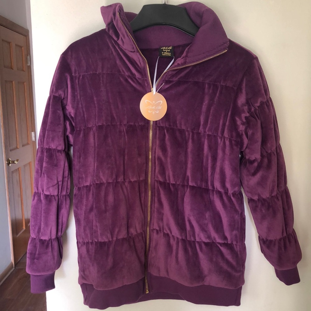 Purple Velvet Puffer Jacket with High Collar